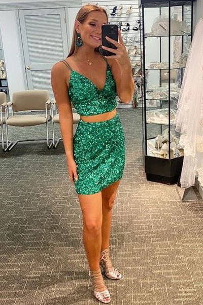 Two Pieces V Neck Open Back Green Sequins Prom Dress, 2 Pieces Green Sequins Homecoming Dress, Shiny Green Formal Evening Dress A1268