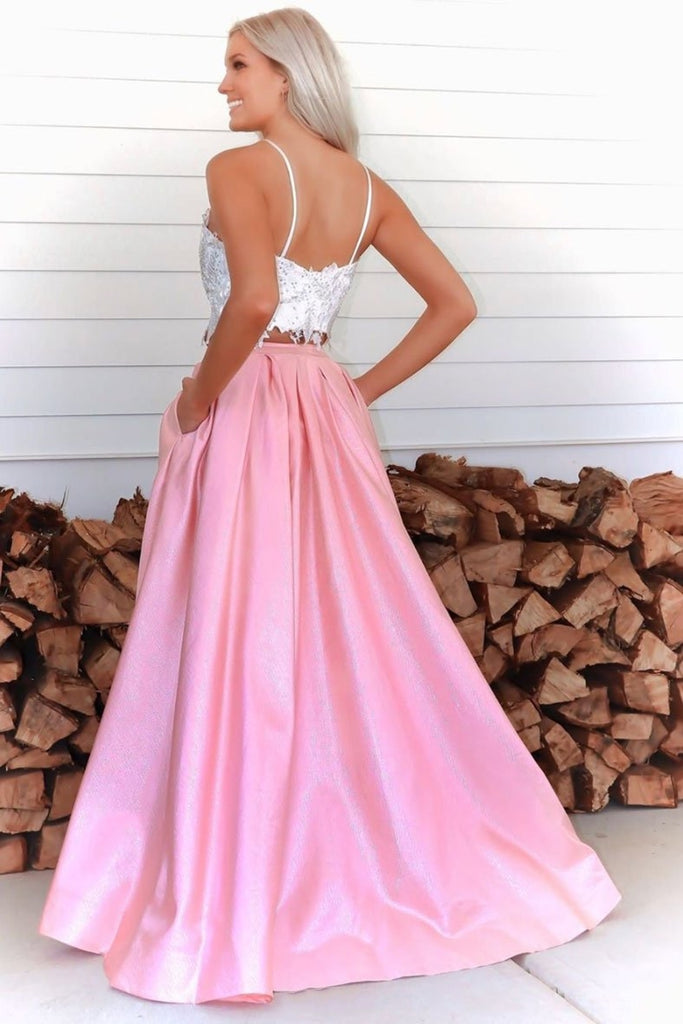 Two Pieces White Lace Top Pink Long Prom Dress with High Slit, 2 Piece abcprom Two Pieces White Lace Top Pink Long Prom Dress with High Slit, 2 Piece abcprom
