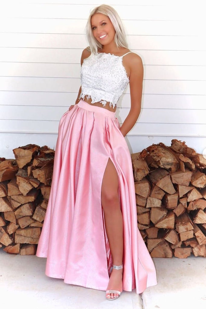 Two Pieces White Lace Top Pink Long Prom Dress with High Slit, 2 Pieces Pink Lace Formal Graduation Evening Dress