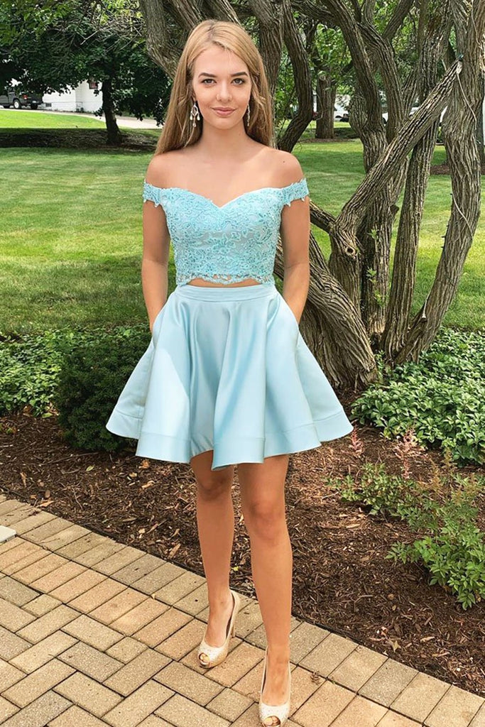 Two Piece Baby Blue Homecoming Dresses Two Piece Prom Dresses, Blue Prom Dress, Long Sleeve Prom Two Piece Baby Blue Homecoming Dresses Two Piece Prom Dresses, Blue Prom Dress, Long Sleeve Prom