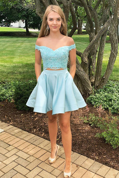 Two Piece Off Shoulder Beaded Lace Short Blue Prom Dress Homecoming Dress, Off Shoulder Lace Blue Formal Graduation Evening Dress