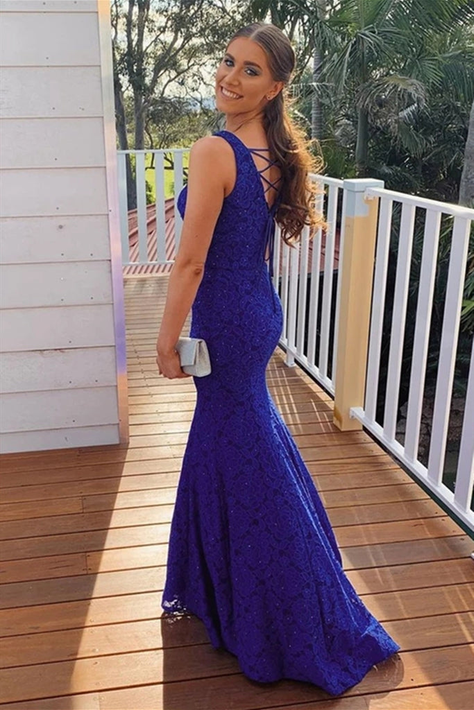 blue two piece mermaid prom dress Two Piece V Neck Mermaid Blue Lace Long Prom Dress, Two Pieces Mermaid –  abcprom