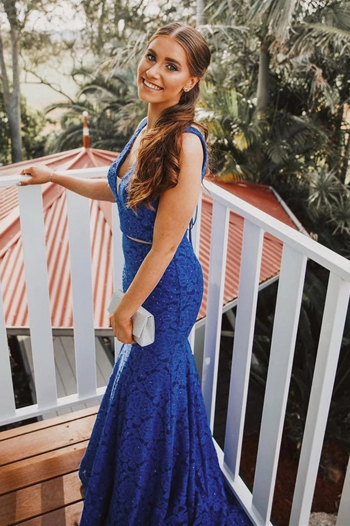 Two Piece V Neck Mermaid Blue Lace Long Prom Dress Two Pieces