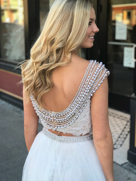 Two Pieces Cap Sleeve Round Neck Open Back Lace Beading Top White Tulle Long Prom Dresses, Two Pieces White Formal Dresses, White Evening Dresses