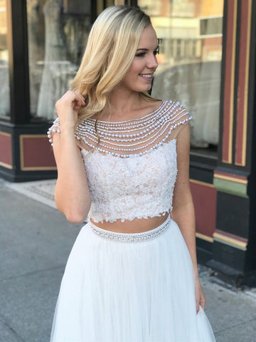 Two Pieces Cap Sleeve Round Neck Open Back Lace Beading Top White Tulle Long Prom Dresses, Two Pieces White Formal Dresses, White Evening Dresses