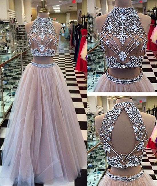 Two Pieces High-Neck Beaded Tulle Long Prom Dresses, Evening Dresses