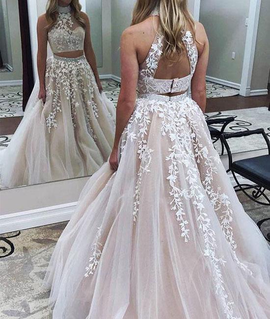 Two Pieces Lace Applique Tulle Long Champagne Prom Dress, Lace Formal – abcprom Two Pieces Lace Applique Tulle Long Champagne Prom Dress, Lace Formal – abcprom
