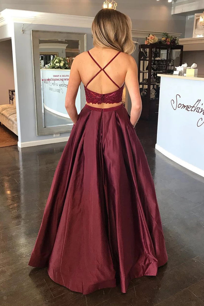 Two Pieces Lace Burgundy Long Prom Dress with Pocket Burgundy