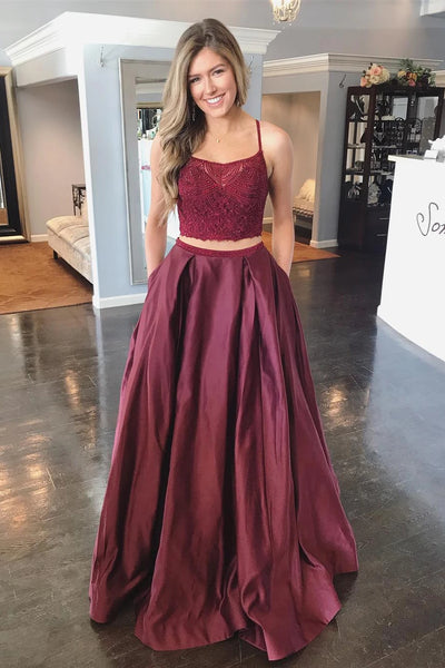 Two Pieces Lace Burgundy Long Prom Dress with Pocket, Burgundy Lace Formal Dress, Two Piece Burgundy Evening Dress