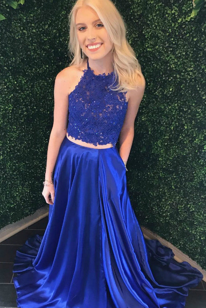 2 piece blue prom dress Amazon.com: Prom Dresses Two Pieces Satin Lace Halter Long Homecoming Dress Graduation A-line Ice Blue 2 : Clothing, Shoes & Jewelry