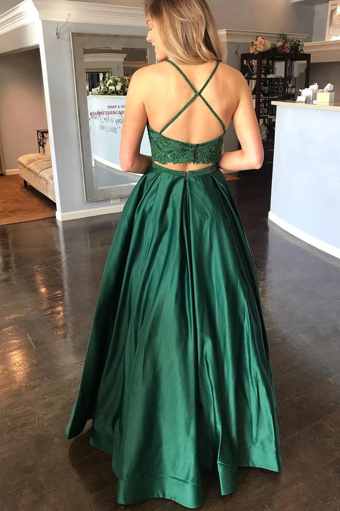 Two Pieces Lace Top Backless Green Prom Dress with Pocket, Two Pieces abcprom Two Pieces Lace Top Backless Green Prom Dress with Pocket, Two Pieces abcprom