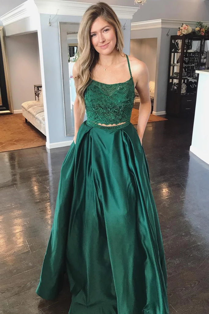 Two Pieces Lace Top Backless Green Prom Dress with Pocket, Two Pieces Lace Green Formal Dress, Two Pieces Green Lace Evening Dress