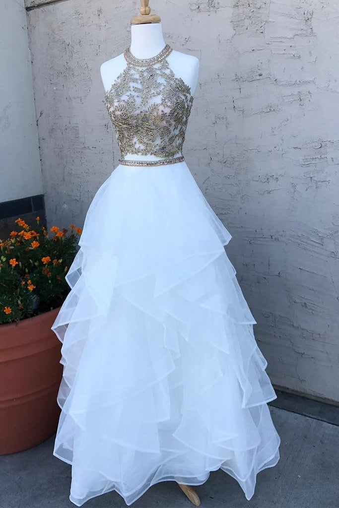 Two Pieces Lace White Tulle Long Prom Dresses, White Two Pieces Formal abcprom Two Pieces Lace White Tulle Long Prom Dresses, White Two Pieces Formal abcprom