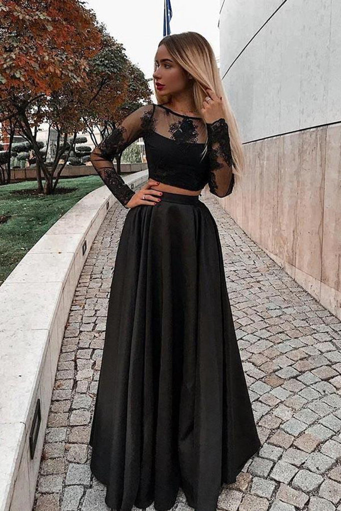Two Pieces Long Sleeves Lace Black Prom Dresses, 2 Piece Black Formal abcprom Two Pieces Long Sleeves Lace Black Prom Dresses, 2 Piece Black Formal abcprom