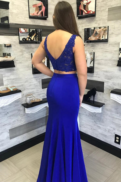 Two Pieces Mermaid Lace Royal Blue Long Prom Dress, Mermaid Lace Royal Blue Formal Dress, Royal Blue Lace Evening Dress