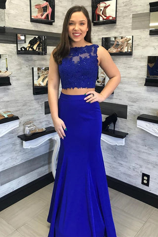 Two Pieces Mermaid Lace Royal Blue Long Prom Dress, Mermaid Lace Royal Blue Formal Dress, Royal Blue Lace Evening Dress