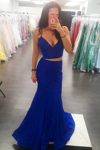 Two Pieces Mermaid Royal Blue Long Prom Dresses, Two Pieces Royal Blue Formal Dresses, Evening Dresses