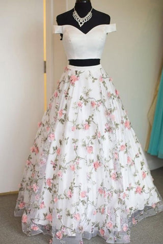 Two Pieces Off The Shoulder Lace Floral White Prom Dresses, Off Shoulder White Formal Dresses, Two Pieces White Evening Dresses