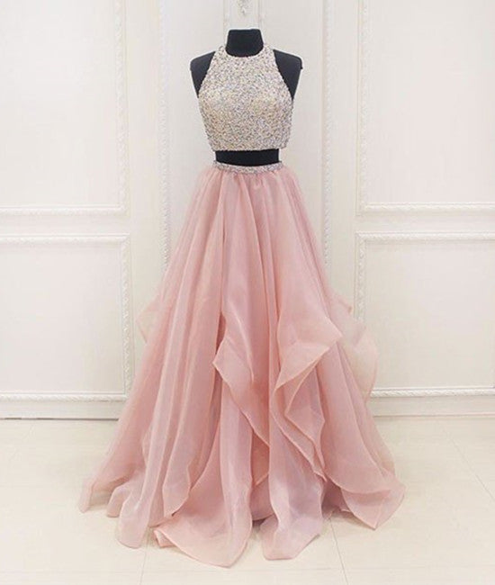 light pink two piece dress Fairy Blush Long Prom 8th Grade Formal Dress Arms eye 2 Pieces Pink Red Lace