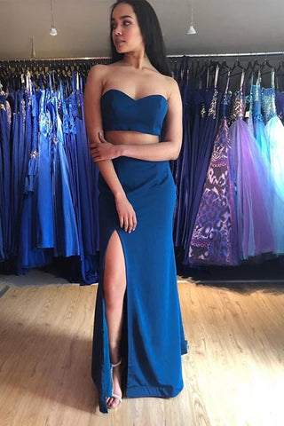 Two Pieces Sweetheart Neck Floor Length Blue Prom Dress with Split, Two Pieces Blue Formal Graduation Evening Dress