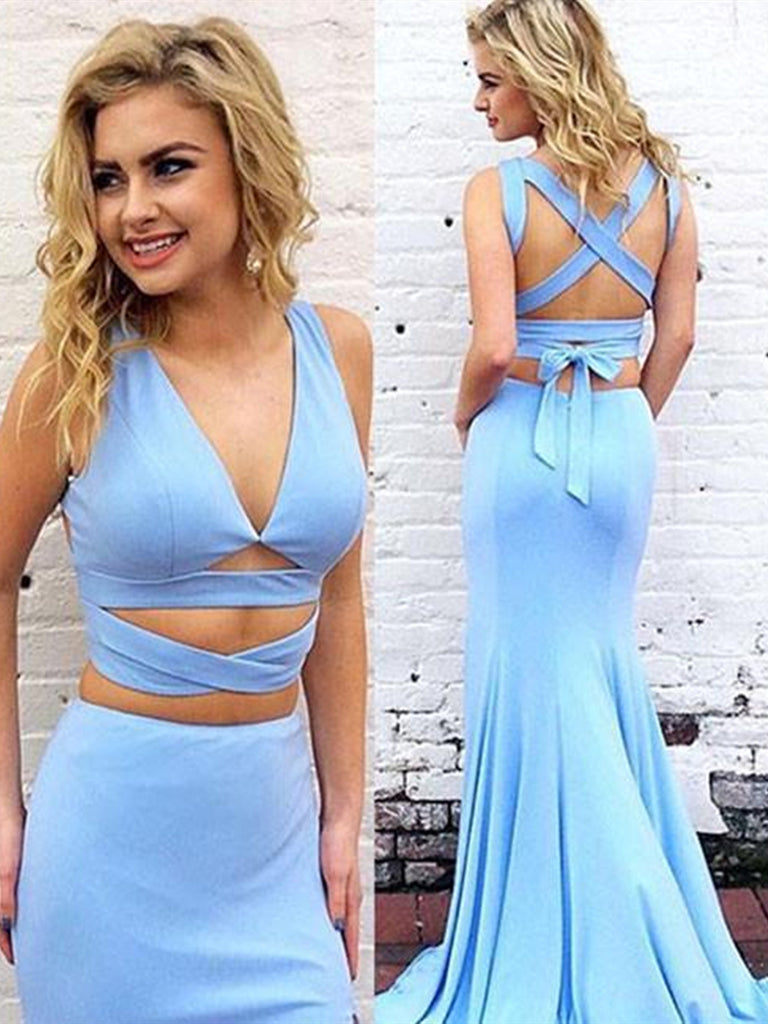 Two Pieces V Neck Mermaid Cross Back Blue Long Prom Dresses with Sweep Train, Blue Mermaid Formal Dresses, Evening Dresses