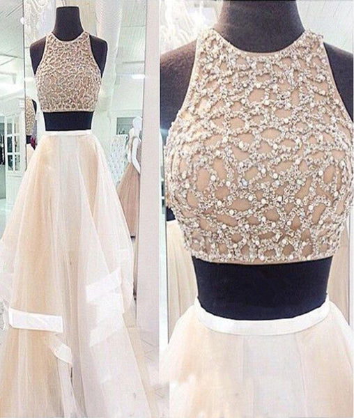 Two Pieces White Prom Dresses, Two Pieces White Formal Dresses, White Evening Dresses