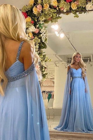Unique Blue Chiffon Beaded Long Prom Dress, Off Shoulder Blue Formal Evening Dress A1404