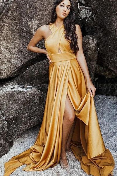 Unique Open Back Yellow Satin Long Prom Dress with High Slit, Long Yellow Formal Graduation Evening Dress A1710
