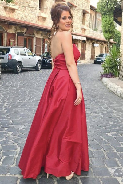 Unique V Neck Backless Red Satin Long Prom Dress, Backless Red Formal Dresses, Red Evening Dress A1299
