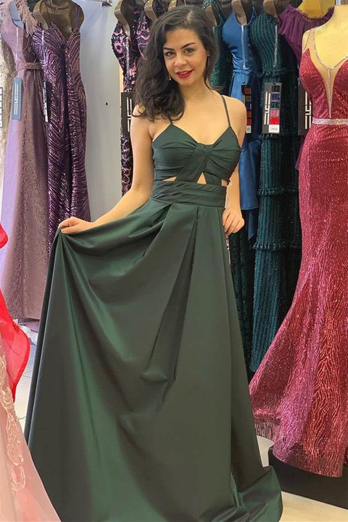 Unique V Neck Open Back Dark Green Satin Long Prom Dress, Long Dark Gr abcprom Unique V Neck Open Back Dark Green Satin Long Prom Dress, Long Dark Gr abcprom