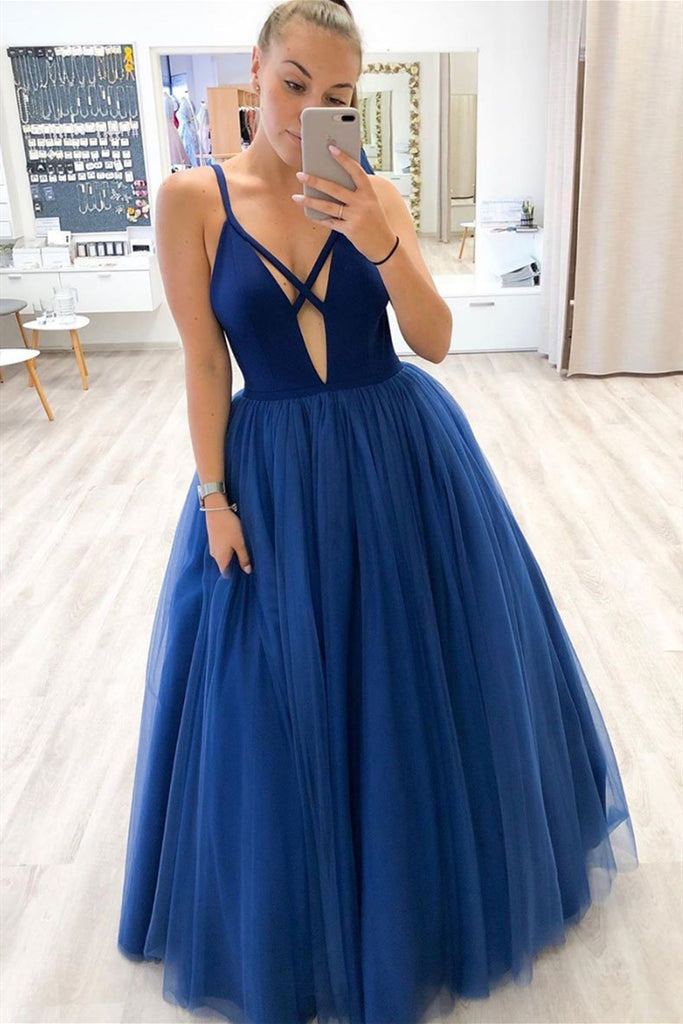 Unique A Line Royal Blue Tulle Long Prom Dress, Deep V Neck Royal Blue Formal Dress, Blue Evening Dress