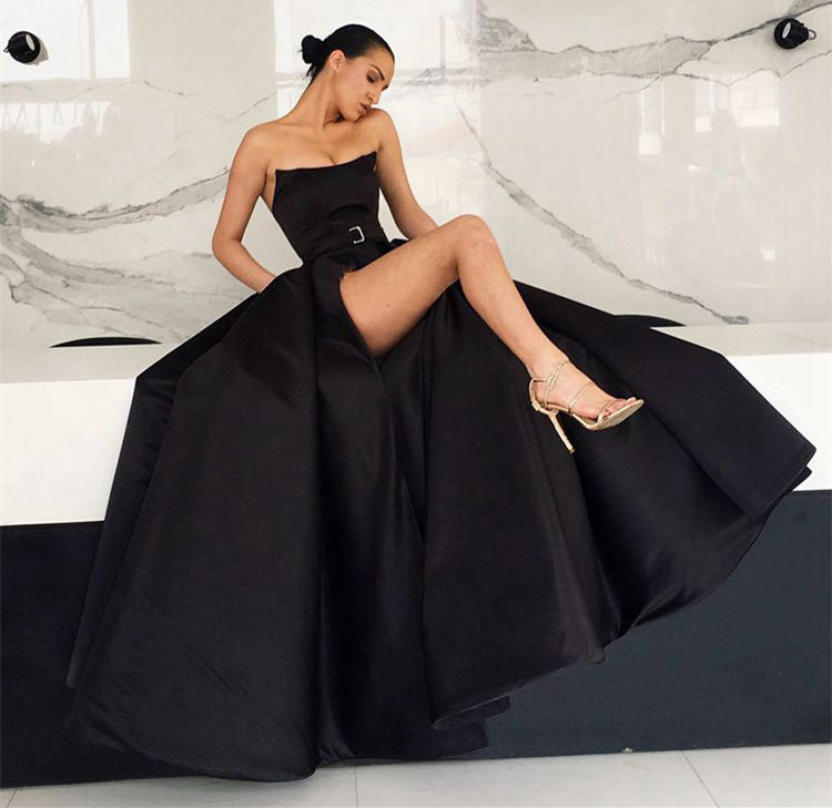 Unique Black Satin Long Prom Dresses with High Slit, Black Formal Dres abcprom Unique Black Satin Long Prom Dresses with High Slit, Black Formal Dres abcprom