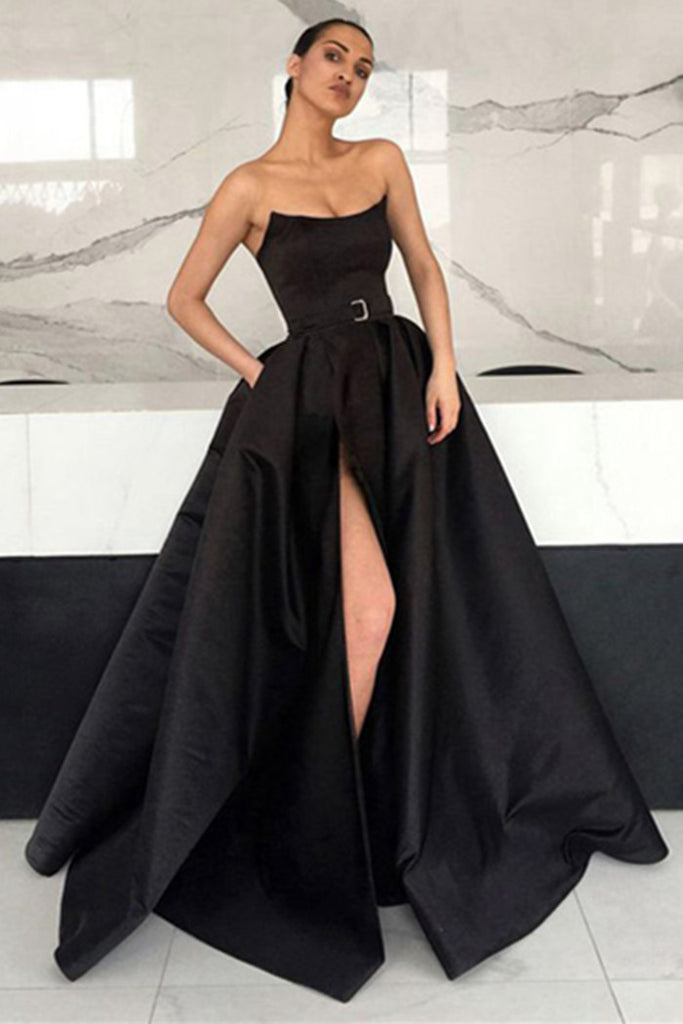 Unique Black Satin Long Prom Dresses with High Slit, Black Formal Dresses, Evening Dresses