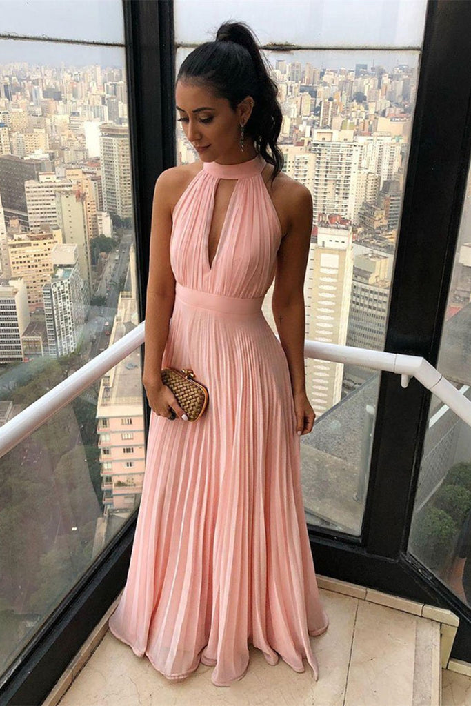 Unique Pink Chiffon Long Prom Dresses, Pleated Pink Formal Dresses