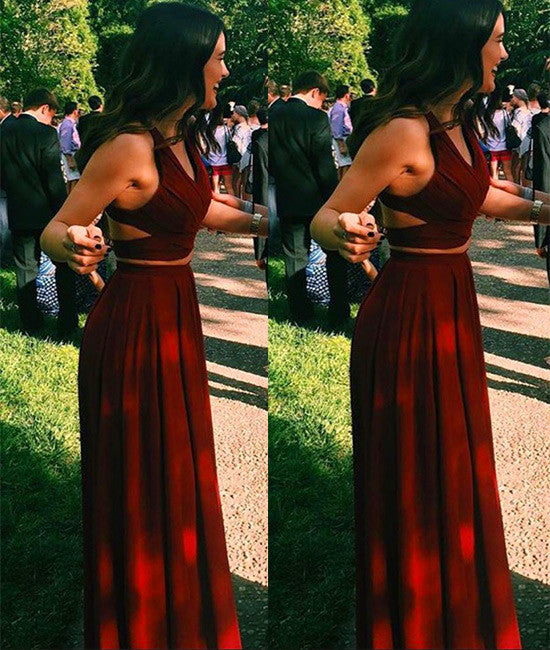 Unique Two Pieces Burgundy Prom Dresses, Long Burgundy Evening Dresses