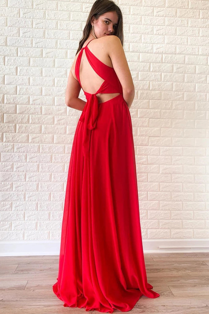Unique V Neck Red Chiffon Long Prom Dress with High Slit, V Neck Red F –  abcprom