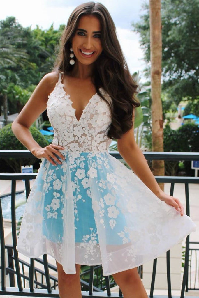 Unique V Neck White Lace Blue Short Prom Dress Homecoming Dress, White abcprom Unique V Neck White Lace Blue Short Prom Dress Homecoming Dress, White abcprom