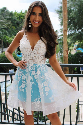 Unique V Neck White Lace Blue Short Prom Dress Homecoming Dress, White abcprom Unique V Neck White Lace Blue Short Prom Dress Homecoming Dress, White abcprom