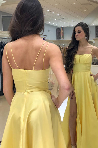 Unique Yellow Satin Long Prom Dress with High Slit, Yellow Formal Graduation Evening Dress