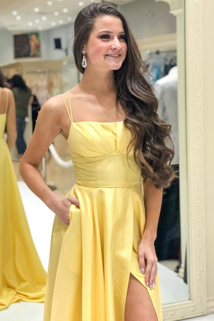Unique Yellow Satin Long Prom Dress with High Slit, Yellow Formal Grad abcprom Unique Yellow Satin Long Prom Dress with High Slit, Yellow Formal Grad abcprom