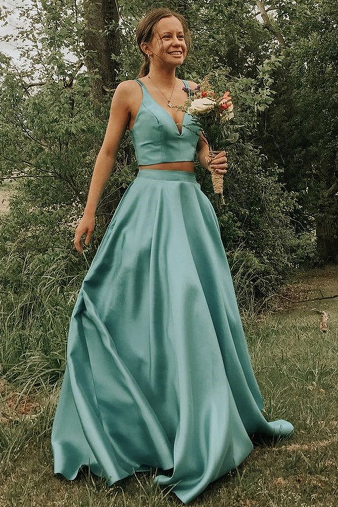 V Neck 2 Pieces Green Long Prom Dress, Two Pieces Green Long Formal Evening Dress