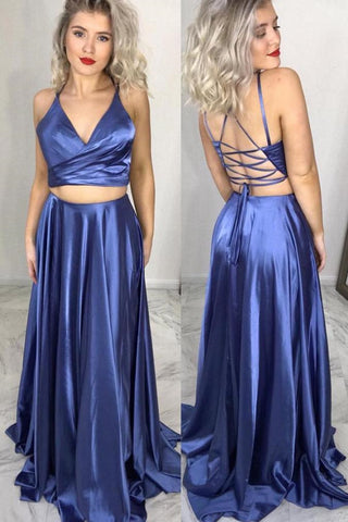 V Neck 2 Pieces Open Back Blue Long Prom Dress, Two Pieces Blue Formal Graduation Evening Dress