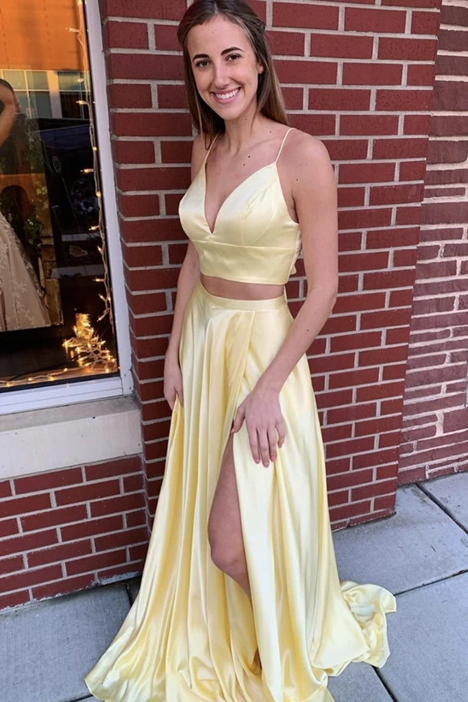 V Neck 2 Pieces Yellow Long Prom Dress with High Slit, Two Pieces Yellow Formal Graduation Evening Dress