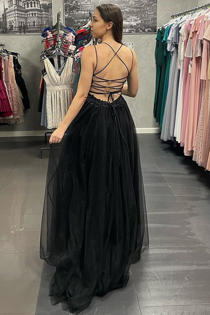 V Neck Backless Black Lace Long Prom Dress with Slit, Black Lace Forma abcprom V Neck Backless Black Lace Long Prom Dress with Slit, Black Lace Forma abcprom