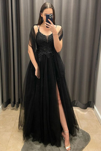 V Neck Backless Black Lace Long Prom Dress with Slit, Black Lace Formal Dress, Backless Black Evening Dress A1746