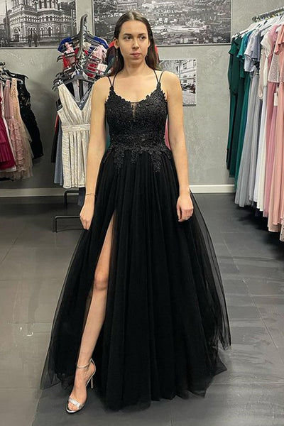 V Neck Backless Black Lace Long Prom Dress with Slit, Black Lace Forma