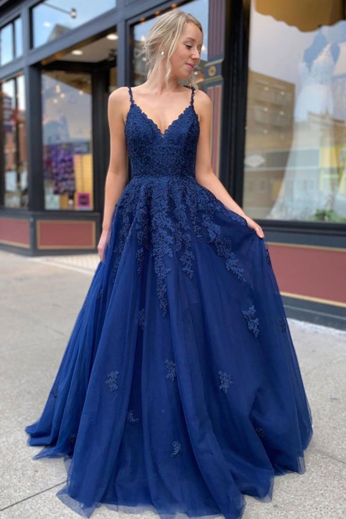 V Neck Backless Blue Lace Long Prom Dress, Blue Lace Formal Graduation Evening Dress