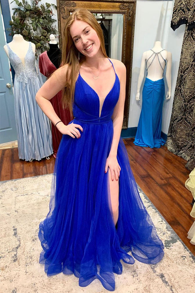V Neck Backless Blue Tulle Long Prom Dress with High Slit, Backless Blue Formal Graduation Evening Dress A1457