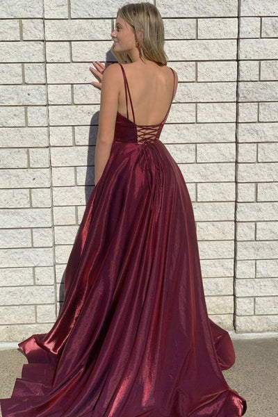 V Neck Backless Burgundy Long Prom Dress with High Slit, Backless Burg