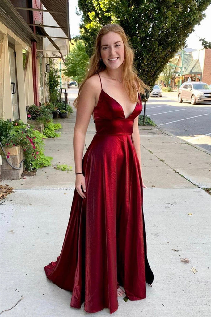 V Neck Backless Burgundy Satin Long Prom Dress, Backless Burgundy Form abcprom V Neck Backless Burgundy Satin Long Prom Dress, Backless Burgundy Form abcprom